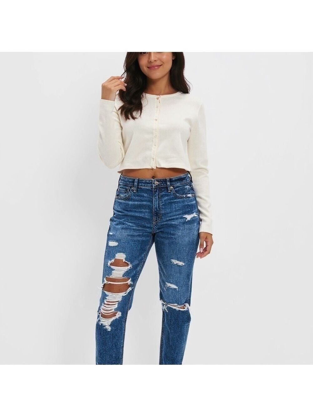 AE Strigid Ripped Mom Jean Distressed Ripped Butterfly Waist